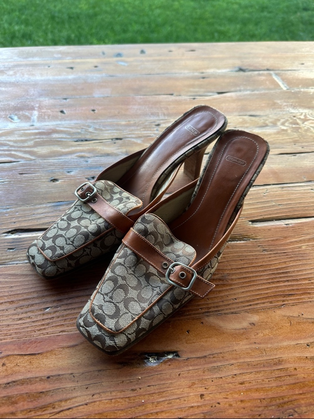 Coach Brown Signature Canvas Slip-On Mules with Leather Trim